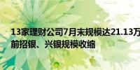 13家理财公司7月末规模达21.13万亿元浦银、华夏涨幅居前招银、兴银规模收缩