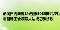 伦铜日内跌近1%现报9083美元/吨此前市场消息称必和必拓与智利工会领导人达成初步协议