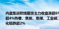 内盘集运欧线期货主力收盘涨超6%碳酸锂涨超5%铁矿石涨超4%热卷、焦炭、焦煤、工业硅、纯碱涨超3%LU燃油、氧化铝跌超2%