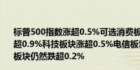 标普500指数涨超0.5%可选消费板块涨超1.3%能源板块涨超0.9%科技板块涨超0.5%电信板块涨约0.4%房地产和金融板块仍然跌超0.2%