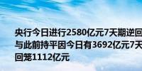 央行今日进行2580亿元7天期逆回购操作中标利率为1.70%与此前持平因今日有3692亿元7天期逆回购到期当日实现净回笼1112亿元