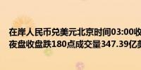 在岸人民币兑美元北京时间03:00收报7.1480较上一交易日夜盘收盘跌180点成交量347.39亿美元