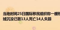 当地时间25日国际移民组织称一艘移民船20日在也门附近海域沉没已致13人死亡14人失踪