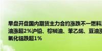 早盘开盘国内期货主力合约涨跌不一燃料油、SC原油、沪银、低硫燃料油涨超2%沪铅、棕榈油、苯乙烯、豆油涨超1%跌幅方面烧碱跌超2%氧化铝跌超1%