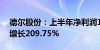 德尔股份：上半年净利润1829.29万元 同比增长209.75%