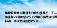 早盘收盘国内期货主力合约涨跌不一丁二烯橡胶涨超3%20号胶、工业硅涨超2%橡胶涨近2%跌幅方面集运指数（欧线）跌超4%SC原油、燃料油、低硫燃料油跌近2%