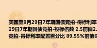 美国至8月29日7年期国债竞拍-得标利率 3.77%前值4.16%美国至8月29日7年期国债竞拍-投标倍数 2.5前值2.64美国至8月29日7年期国债竞拍-得标利率配置百分比 89.55%前值68.69%