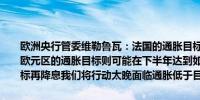 欧洲央行管委维勒鲁瓦：法国的通胀目标可能在2025年上半年实现而欧元区的通胀目标则可能在下半年达到如果我们等到实现2%的通胀目标再降息我们将行动太晚面临通胀低于目标的风险