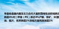 早盘收盘国内期货主力合约大面积飘绿集运欧线跌近9%玻璃跌超5%纯碱、燃油、PTA跌超4%对二甲苯（PX）跌近4%沪银、铁矿、SC原油、硅铁、焦煤跌超3%短纤、LU燃油、瓶片、焦炭跌超2%涨幅方面鸡蛋涨超1%