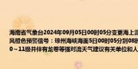 海南省气象台2024年09月05日00时05分变更海上雷雨大风黄色预警信号为海上雷雨大风橙色预警信号：琼州海峡海面5日00时05分到08时将受雷雨大风天气的影响风力可达10～11级并伴有龙卷等强对流天气建议有关单位和人员做好防范工作