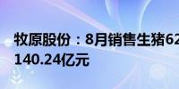 牧原股份：8月销售生猪624.1万头 销售收入140.24亿元