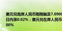 美元兑离岸人民币刚刚触及7.0900元关口最新报7.0900元日内涨0.02%；美元兑在岸人民币最新报7.0890元日内涨0.00%