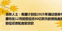 消息人士：希腊计划在2025年通过债券市场筹集80亿至100亿欧元希腊将在12月提前偿还80亿欧元的首批救助贷款希腊将在2025年继续提前偿还首轮救助贷款