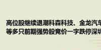 高位股继续退潮科森科技、金龙汽车、大众交通、伟时电子等多只前期强势股竞价一字跌停深圳华强跌逾8%