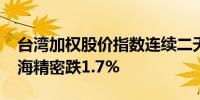 台湾加权股价指数连续二天下跌收跌0.4%鸿海精密跌1.7%