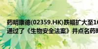 药明康德(02359.HK)跌幅扩大至10%日前美国众议院投票通过了《生物安全法案》并点名药明康德等公司