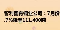 智利国有铜业公司：7月份铜产量同比下降10.7%降至111,400吨