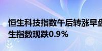 恒生科技指数午后转涨早盘一度跌近1%；恒生指数现跌0.9%