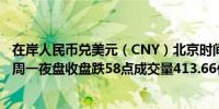 在岸人民币兑美元（CNY）北京时间03:00收报7.1200元较周一夜盘收盘跌58点成交量413.66亿美元