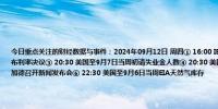 今日重点关注的财经数据与事件：2024年09月12日 周四① 16:00 IEA公布月度原油市场报告② 20:15 欧洲央行公布利率决议③ 20:30 美国至9月7日当周初请失业金人数④ 20:30 美国8月PPI年率及月率⑤ 20:45 欧洲央行行长拉加德召开新闻发布会⑥ 22:30 美国至9月6日当周EIA天然气库存