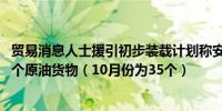 贸易消息人士援引初步装载计划称安哥拉将在11月份装载33个原油货物（10月份为35个）