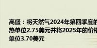 高盛：将天然气2024年第四季度的价格预测下调至每百万英热单位2.75美元并将2025年的价格预测维持在每百万英热单位3.70美元