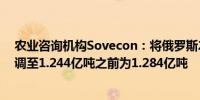 农业咨询机构Sovecon：将俄罗斯2024年粮食产量预测下调至1.244亿吨之前为1.284亿吨