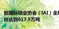 据国际铝业协会（IAI）全球初级铝产量在8月份达到617.9万吨