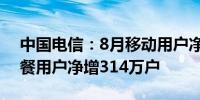 中国电信：8月移动用户净增168万户 5G套餐用户净增314万户