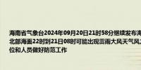 海南省气象台2024年09月20日21时58分继续发布海上雷雨大风黄色预警信号：北部湾北部海面22时到21日08时可能出现雷雨大风天气风力达7～9级并伴有强雷电建议有关单位和人员做好防范工作