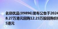 名创优品(09896)发布公告于2024年9月20日该公司斥资388.27万港元回购12.23万股回购价格为每股31.7070-31.7655港元