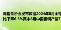 界钢铁协会发布数据2024年8月全球粗钢产量1.448亿吨同比下降6.5%其中8月中国粗钢产量7790万吨同比下降10.4%