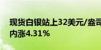 现货白银站上32美元/盎司创5月以来新高日内涨4.31%