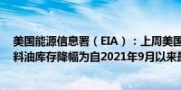 美国能源信息署（EIA）：上周美国墨西哥湾沿岸的馏分燃料油库存降幅为自2021年9月以来最大