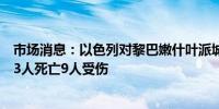 市场消息：以色列对黎巴嫩什叶派城镇迈伊斯拉的袭击造成3人死亡9人受伤