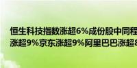 恒生科技指数涨超6%成份股中同程旅行涨超12%哔哩哔哩涨超9%京东涨超9%阿里巴巴涨超8%