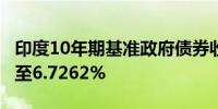 印度10年期基准政府债券收益率上涨1个基点至6.7262%