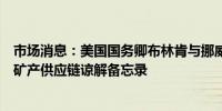 市场消息：美国国务卿布林肯与挪威外交部部长签署了关键矿产供应链谅解备忘录