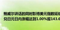 鲍威尔讲话的同时彭博美元指数延续涨势触及日内高点美元兑日元日内涨幅达到1.00%报143.69