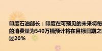 印度石油部长：印度在可预见的未来将每天消费超过600万桶原油目前的消费量为540万桶预计将在目标日期之前实现汽油中乙醇掺混比例超过20%