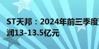 ST天邦：2024年前三季度预计扭亏为盈 净利润13-13.5亿元