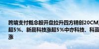 跨境支付概念股开盘拉升四方精创20CM涨停小商品城涨停华峰超纤涨超5%、新晨科技涨超5%中亦科技、科蓝软件、高伟达、中油资本等跟涨