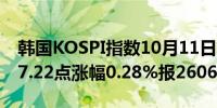 韩国KOSPI指数10月11日（周五）收盘上涨7.22点涨幅0.28%报2606.38点