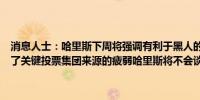 消息人士：哈里斯下周将强调有利于黑人的经济政策因为竞选活动看到了关键投票集团来源的疲弱哈里斯将不会谈及种族公正问题