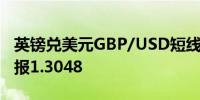 英镑兑美元GBP/USD短线小幅走高后回落现报1.3048