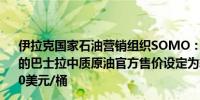 伊拉克国家石油营销组织SOMO：伊拉克将11月份销往亚洲的巴士拉中质原油官方售价设定为较阿曼/迪拜均价升水0.40美元/桶