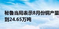 秘鲁当局表示8月份铜产量同比增长10.7%达到24.65万吨