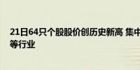 21日64只个股股价创历史新高 集中在信息技术、电子设备等行业