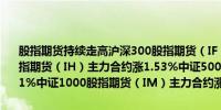 股指期货持续走高沪深300股指期货（IF）主力合约涨1.67%上证50股指期货（IH）主力合约涨1.53%中证500股指期货（IC）主力合约涨2.1%中证1000股指期货（IM）主力合约涨2.33%