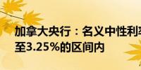 加拿大央行：名义中性利率预计将在2.25%至3.25%的区间内